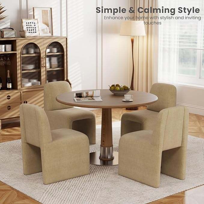 Khaki Upholstered Chenille Dining Chairs Set of 4, Mid Century Modern Dining Room Chairs with Deep Seat & Curved Back, Armless Side Chair Comfy Kitchen Chairs for Living Room/Kitchen