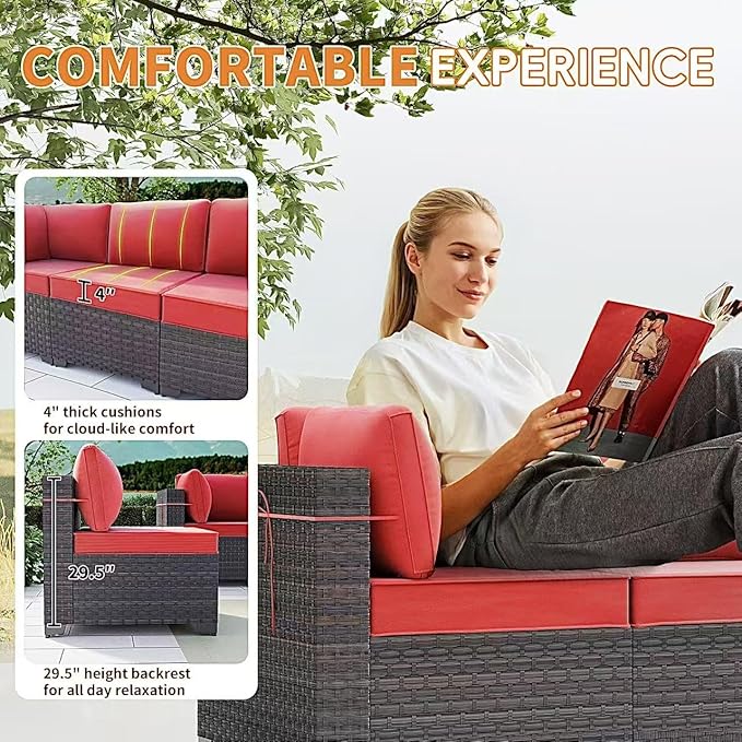 Gotland 10 Pieces Patio Furniture Set with Fire Pit Table, All Weather Rattan Outdoor Furniture with 29.5'' High Backrest 4’’ Thick Cushions Coffee Table, Outdoor Sofa for Deck, Garden, Backyard, Red