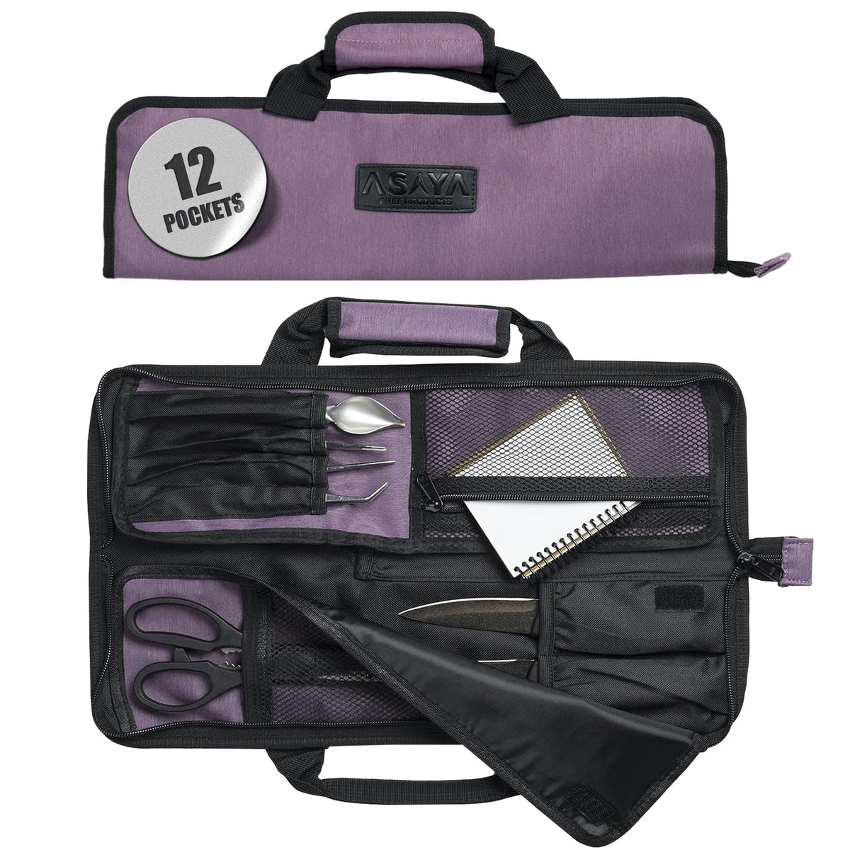 Asaya Chef Knife Roll Bag - 12-Pocket Chefs Case for Kitchen Knives and Utensils, Lightweight Stain-Resistant Waxed Nylon Chef Knife Bag - Knives Not Included (Grey)