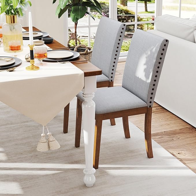 Giantex Upholstered Dining Chairs Set of 2, Kitchen Chair w/Nailhead Trim, Rubber Wood Legs, Padded Seat, Mid Century Armless Side Chair, Comfy Accent Parson Chairs for Restaurant, Living Room