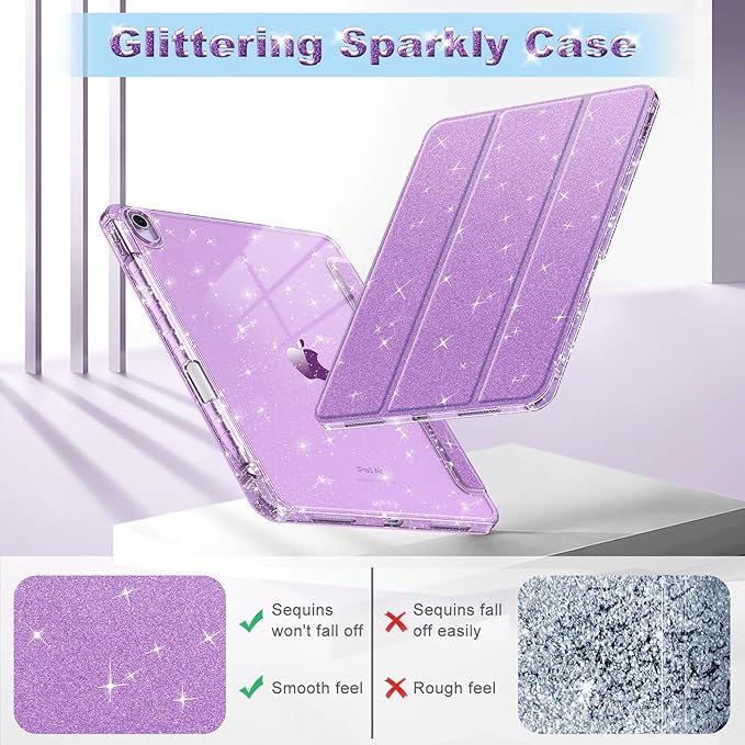 Fintie Slim Case with Pencil Holder for iPad Air 11-inch M4/M3/M2 (2026/2025/2024), iPad Air 5th (2022) / 4th Generation 10.9 Inch - Glittering Sparkly Cover with Shiny Clear Back Shell, Purple