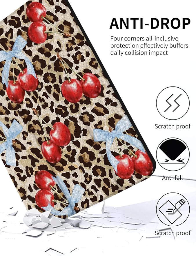 Case for iPad 9th/ 8th/ 7th Generation Case 10.2&amp10.5 Inch (2021/2020/2019 Release) Slim Lightweight Soft Trifold Back Cover with Pencil Holder &amp Auto Sleep/Wake Cover Cherries Cheetah Bows