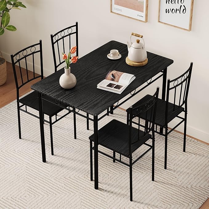 Vipbear 5-Piece Kitchen Table Set,Kitchen Dining Table Set for 4,Dining Room Table Sets,Rectangular Kitchen Table Set with 4 Chairs for Small Space, Dinette,Apartment,Black