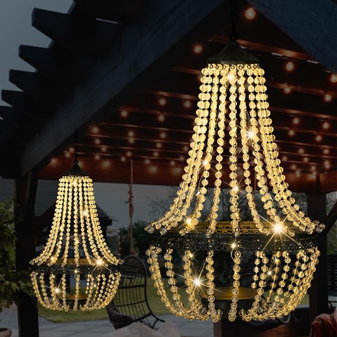 Hanging Solar Chandelier Outdoor, 30 Warm White Lights Acrylic Clear Beaded Chandelier with S Hooks Modern Lantern for Garden Yard Patio Gazebo Decorations, 28”H