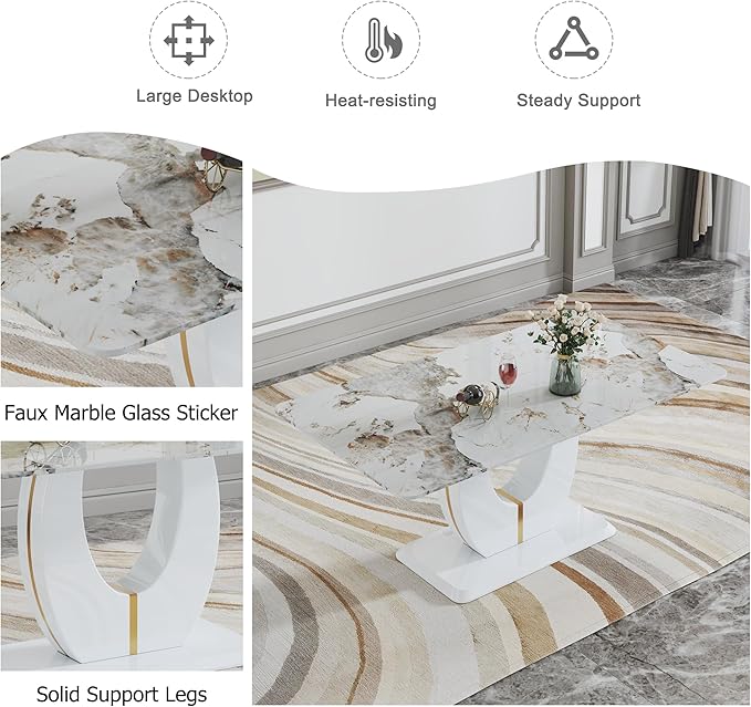 Dining Table Set for 6, Kitchen Table Chairs Set of 6, Modern Dining Room Set 71'' Faux Marble Dinner Table PU Leather Upholstered Chairs for Kitchen (Black-Golden, 71” White Table Set)