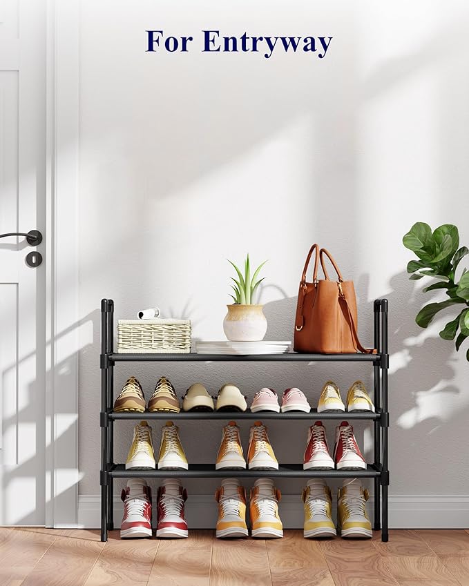Kitsure Shoe Rack - 3-Tier Shoe Organizer, Shoe Rack for Closet, Entryway, Bedroom, Easy- Assembly Storage Shelf with Side Handles, 27.6" Wide - 3 Tiers, Black