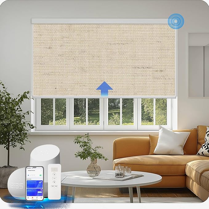 COOLWINDS Motorized Blinds with Remote Cordless Automatic Motorized Shades Custom Blinds for Windows Smart Curtains Compatible with Alexa Google Home(Blackout Linen Soft Dunes,W26 x H72in)