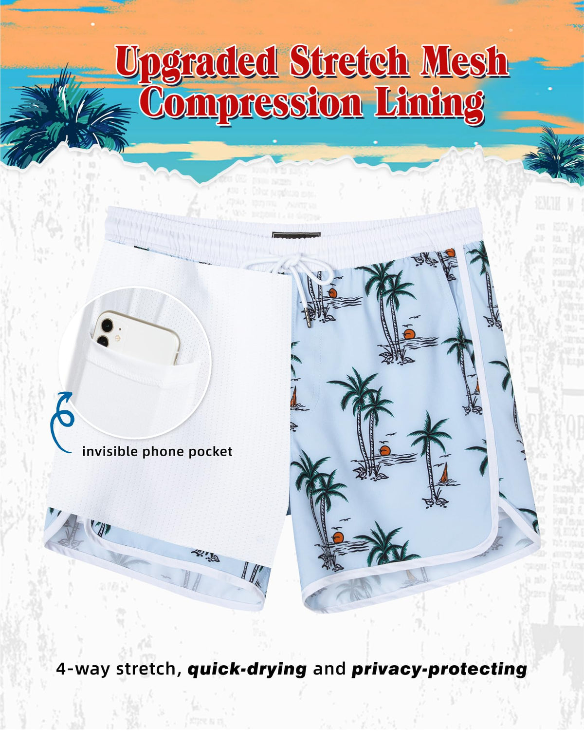 SURF CUZ Mens Swim Trunks with Compression Liner 5" Swimming Trunks 5 Inch Retro Swim Shorts with Zipper Pockets,Beach Sunrise,M