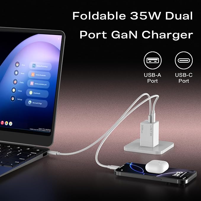 35W GaN Fast Charger Block Foldable Dual Port USB-C &amp USB-A PD 3.0 Wall Adapter Compact Travel Charger for iPhone 17/17 Pro/17 Pro Max/17 Ultra 16/15/14/13/12 Samsung Galaxy iPad