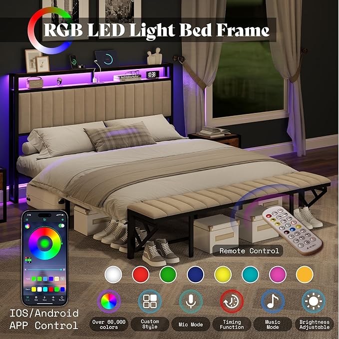 King Bed Frame with LED Light and Charging Station, Velvet Upholstered Headboard with Storage Shelf, Heavy Duty Metal Slats/No Box Spring Needed/Easy Assembly, Beige
