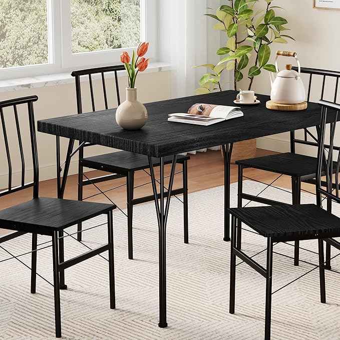 Vipbear Kitchen Dining Table Set for 4, 5-Piece Kitchen Table Set with 1.6“ Thick Tabletop,Dining Room Table Sets,Kitchen Table Set with 4 Chairs for Small Space, Dinette,Apartment,Retro Black