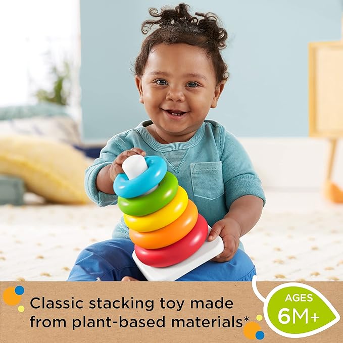 Fisher-Price Baby Stacking Toy Rock-A-Stack Rings with Roly-Poly Base for Ages 6+ Months, Made with Plant-Based Materials