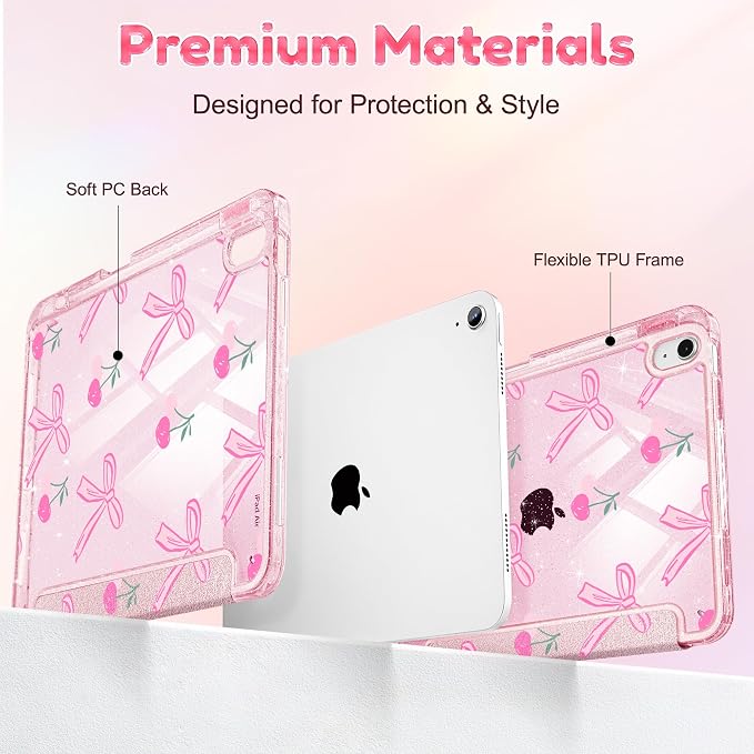 for iPad Air 11 inch M4/M3/M2 (2026/2025/2024) iPad Air 5th/4th Gen (2022/2020) 10.9 inch with Pencil Holder Glitter Clear Pretevtive Cover Auto Wake/Sleep Black Cartoon Stickers