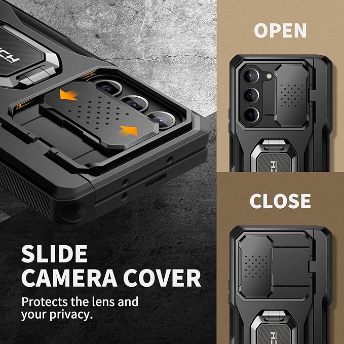 TONGATE for Z Fold 5 Case with Ring Stand, Built-in S Pen Holder & Glass Screen Protector Shockproof Rugged Z5 Phone Case with Slide Camera Cover& Belt Clip for Samsung Galaxy Z Fold 5, Privacy Black