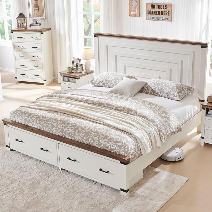 T4TREAM Farmhouse King Size Bed Frame with 54" Tall Geometric Headboard & 2 Large Storage Drawers, Rustic Wood Platform Bed with Wood Slats Support, No Box Spring Needed, Antique White