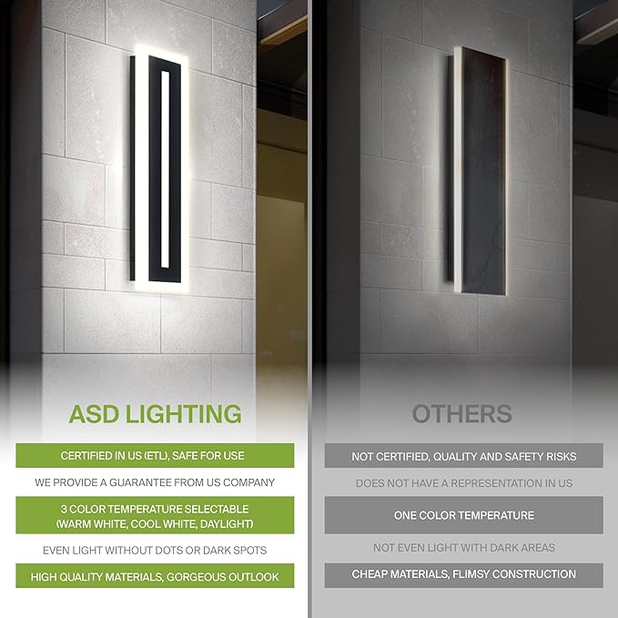 ASD LED 48" Long Wall Mount Light Fixture, Outdoor & Indoor Linear Sconce | 3CCT, Dimmable, Waterproof, Anti-Rust, ETL Listed | 36W 2100LM 3000-5000K 100-277V | Exterior Porch Lighting | Black