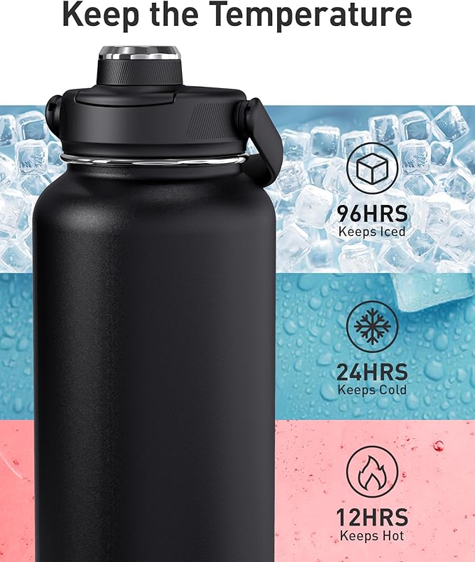 TOURIT 24 oz Insulated Water Bottle, Stainless Steel Sports Water Bottles With Top Handle, Double-Wall Travel Thermal Water Flask, BPA Free Leakproof Water Bottle for Sports and Travel, Black