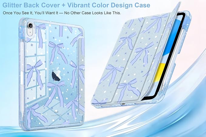 MEEgoodo Case for iPad A16 11th Generation 2025/10th Generation 2022 Glitter Tablet Cases with Transparent Acrylic Back+Trifold Stand +Pencil Holder+Auto Wake/SleepAbstract Sun &amp Palm Tree