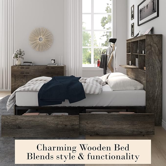 AMERLIFE Queen Size Bed Frame Wooden Platform Bed with 51.2" LED Storage Bookcase Headboard, 4 Storage Drawers & Charging Station/No Box Spring Needed/Noise Free/Rustic Grey