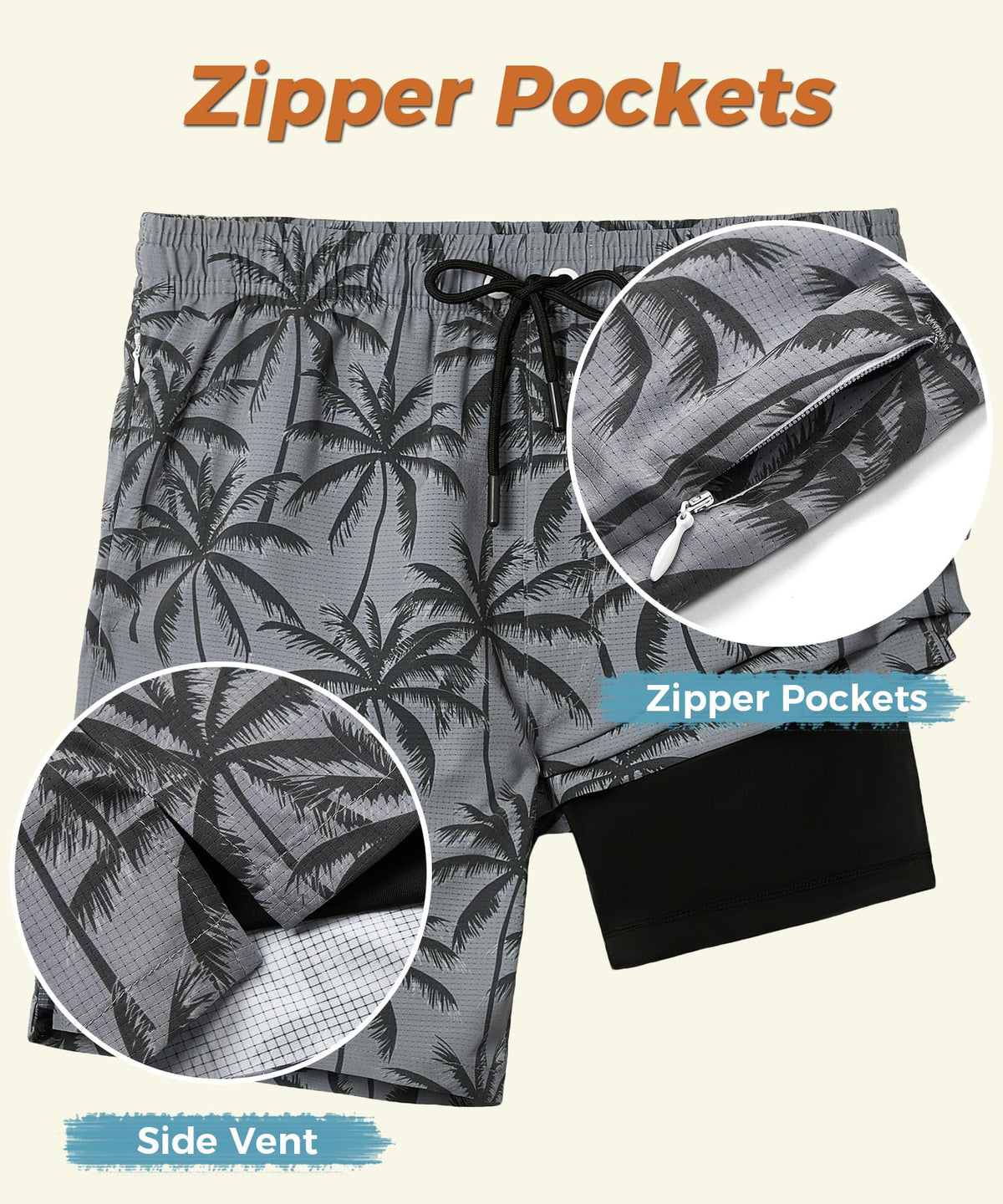 ELETOP Men's Swim Trunks with Compression Liner Bathing Suit Beach Board Shorts with Zipper Pockets Coconut Tree Gray L