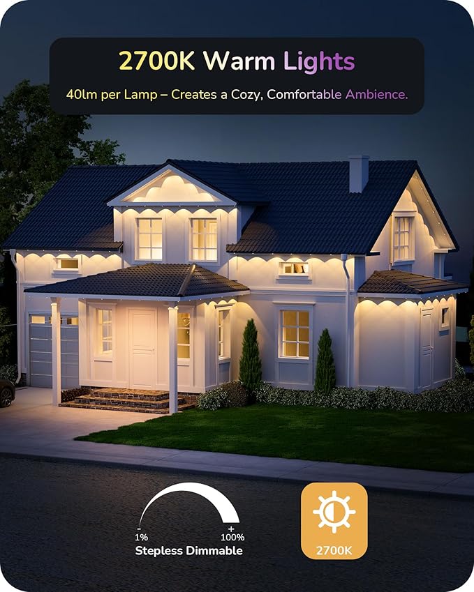 EDISHINE 200FT Cuttable Permanent Outdoor Christmas Lights PRO, 120 LED Smart RGB+IC+Warm White Eave Light, 111+ Scene Mode, App/Remote, IP67 Waterproof for House Year-Round Decor, Alexa Google Enable
