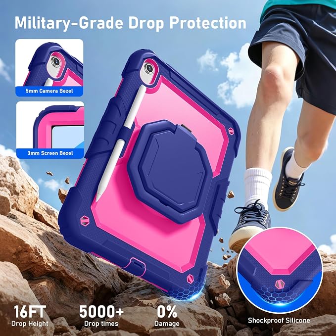 Case for iPad (A16) 11th/10th Generation 11/10.9 2025/2022 Black | Full-body Heavy Duty iPad A16 Case for Adults Kids with Screen Protector 360° Rotating Stand Shoulder Strap Pencil Holder