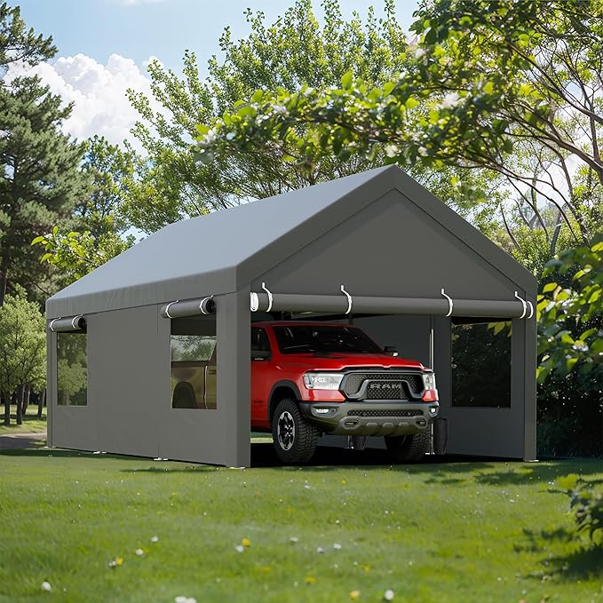 JY QAQA Carport, 12x20 FT Heavy Duty Carport with Removable Side Walls and Doors, Car Canopy with All-Season Tarp for Cars, Grey
