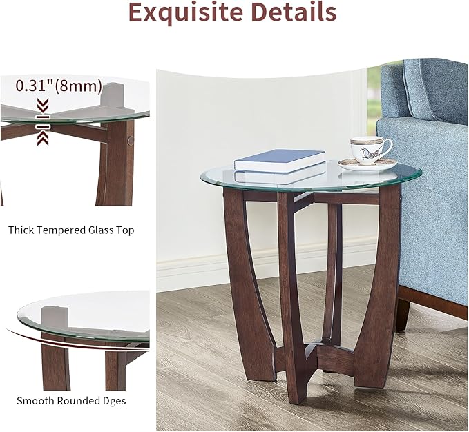 LKTART Glass End Table, 23.5" Round Side Tables with Tempered Glass Top Cross and Solid Wood Base Small Night Stand for Living Room Office Apartment Cherry