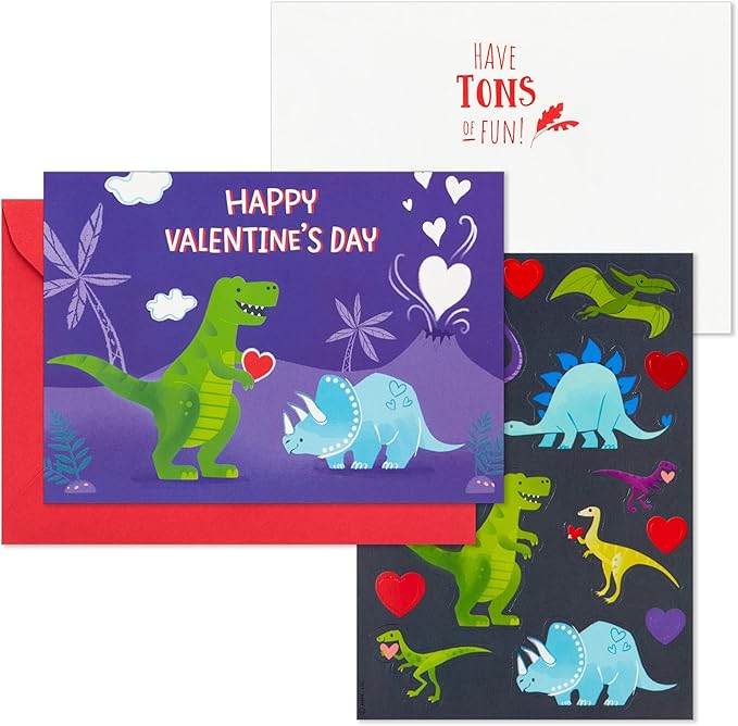 Hallmark Valentine's Day Cards and Stickers for Kids School, Dinosaur (24 Classroom Valentines with Envelopes)