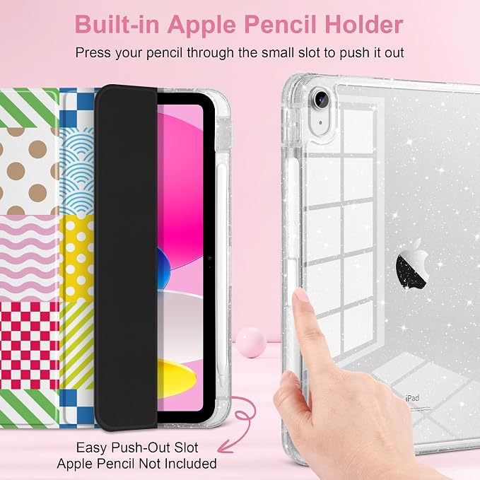 MEEgoodo Case for iPad A16 11th Generation 2025/10th Generation 2022 Glitter Tablet Cases with Transparent Acrylic Back+Trifold Stand +Pencil Holder+Auto Wake/SleepAbstract Sun &amp Palm Tree