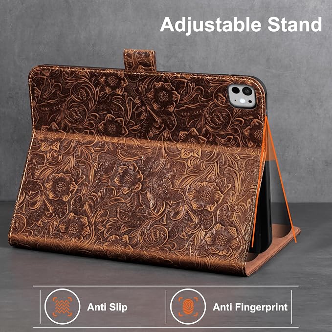 Gexmil Leather Case for iPad Pro 13 Inch M5/M4 2025/2024Crocodile Brown | Genuine Leather Cover with Magnetic ClosureSmart Folio Auto Sleep/WakeProtective ShockproofAdjustable Stand