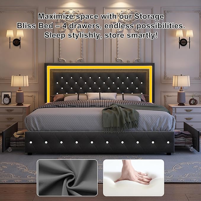 King Bed Frame with LED Lights, Storage Drawers, No Box Spring Needed, 900 lbs Capacity, Easy Assembly, Velvet Grey