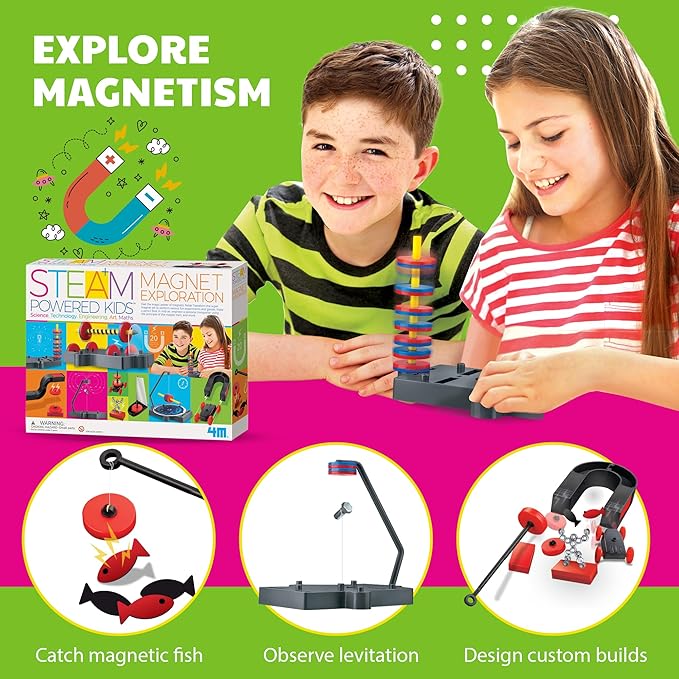 4M - STEAM Magnet Exploration - Hands-On Science Kit with Magnetic Toys Experiments for Kids Ages 5+ - Includes Magnet Toys Wand, U-Shaped Magnet, Racers, Yacht & More - Educational STEM Toy Gift