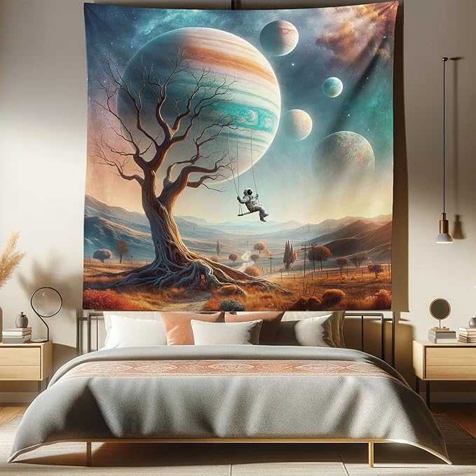 Ambesonne Space Tapestry Queen Size, Scene of a Lonely Astronaut on a Swing in an Unknown Galaxy Among Planets and Trees, Wall Hanging Bedspread Bed Cover Wall Decor, 88" X 88", Teal Ginger