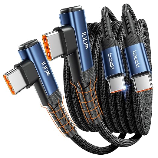 toocki USB C Cable 10ft 2Pack 100W Right Angle Fast Charging Cord Blue | Nylon Braided USB 2.0 Cable for iPhone 17 16 15 Pro Plus Pro Max Air iPad Pro Galaxy S25 S24 Switch MacBook Pro Pixel