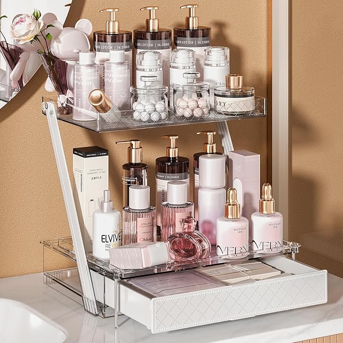 Z-Shaped Bathroom Countertop Organizer – 2-Tier Vanity Organizer with Sliding Tray & Drawer for Skincare, Makeup & Perfume – Acrylic Storage for Dresser, Office or Desk