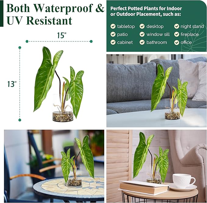 SUNPRAIRIE Realistic Faux Plant in Clear Pot with Artificial Water, Narrow Arrowhead Leaves. Artificial Plants Indoor and Outdoor