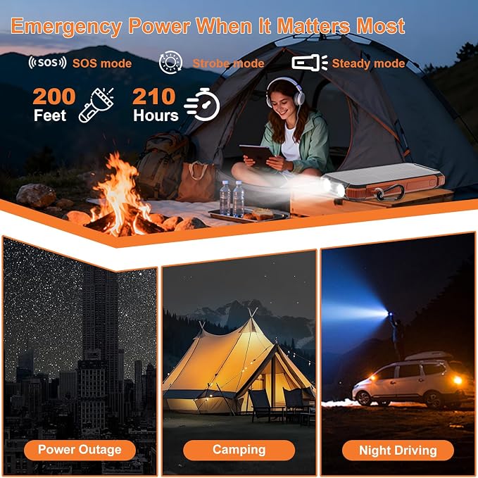 Solar Charger Power Bank 20000mAh Wireless Fast Charging Battery Pack with 3 Built-in Cables &amp USB-C Input Dual LED Flashlights Portable Phone Charger for Camping Travel &amp Emergency Use (B