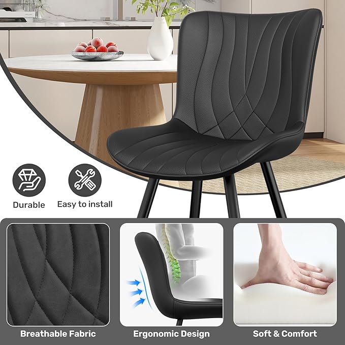 Dining Chair Set of 2 PU Leather Dining Room Chairs Upholstered Comfy Dining Chairs Modern Kitchen Armless Side Chair with Sturdy Metal Legs,Black