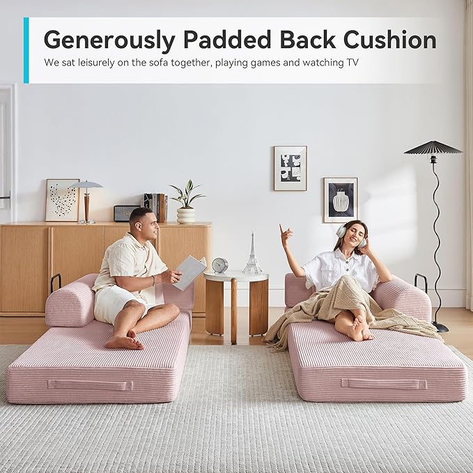 Compression Sofa, Cloud Sectional Sofa,Sofa Bed, Boneless Modular Sectional Sofa with 2 Pillow, Comfy Fluffy Couch with Futon Bed, Perfect for Living Room, Small Space (Pink)