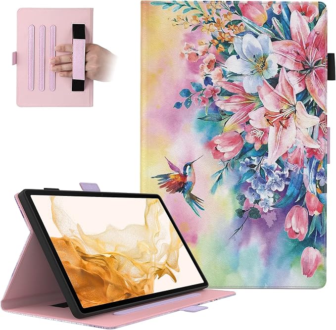 Dteck Wallet Case for Galaxy Tab S10+/S9+/S7 FE/S8+/S7 Plus 12.4 Tablet Premium PU Leather Folding Stand Auto Wake/Sleep Pen Holder Case with Hummingbirds
