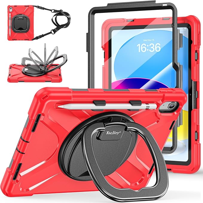 Case for iPad (A16) 11th/10th Generation - 2025/2022 (11″/10.9″) | 4 Layers Drop Protection iPad Case with Screen Protector 360° Rotating Stand Shoulder Strap Pencil Holder Black