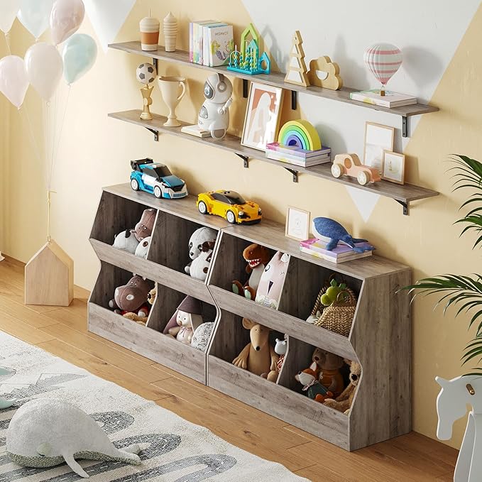 DINZI LVJ Kids Bookshelf, Toy Storage Organizer, Wooden Toy Storage Cabinet, 4 Cubby Children Bookcase, 39.4" L Toddler Book Shelf for Bedroom, Nursery, Hallway, School, Greige