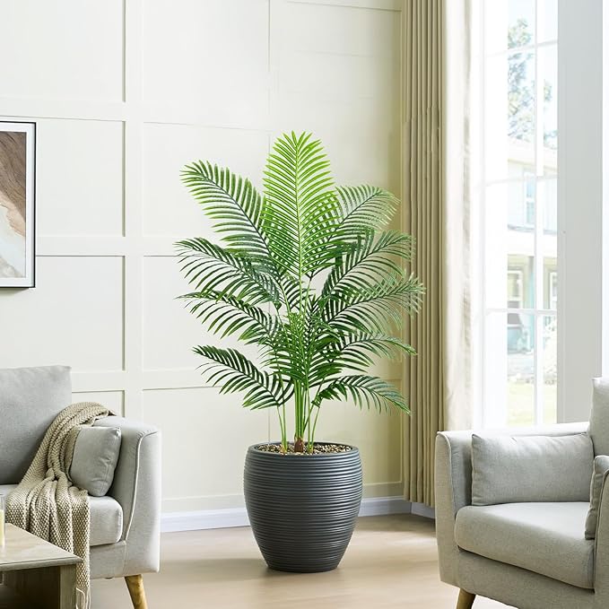 Artificial Palm Tree 4FT Faux Plants Indoor Tropical Fake Palm Tree Areca Floor Plant in White Pot with 13 Trunks & Real Bark Design, Faux Palm Plant for Outdoor Patio Home Room Office Decor