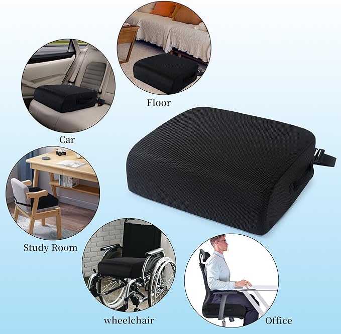MABOZOO Extra Thick Chair Cushions,Office Chair Booster Seat Cushion to Raise Seat Height for Pain Relief,18 x 16 x 6 inch Non Slip Memory Foam Thick Cushion with Carry Handle（Black）