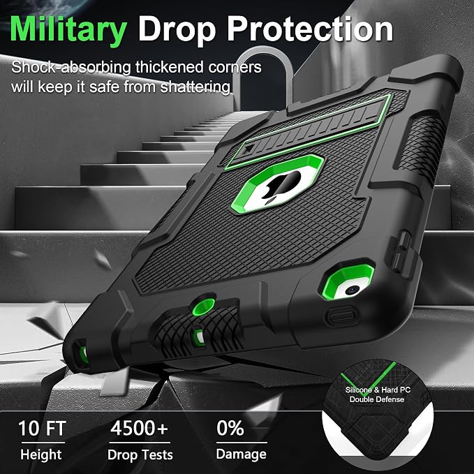 TIMISM Case for iPad 9th/8th/7th Generation(2021/2020/2019) Heavy Duty Military Grade Shockproof Rugged Protective 10.2 Cover with Built-in Stand for iPad 9 8 7 Gen Black+Green