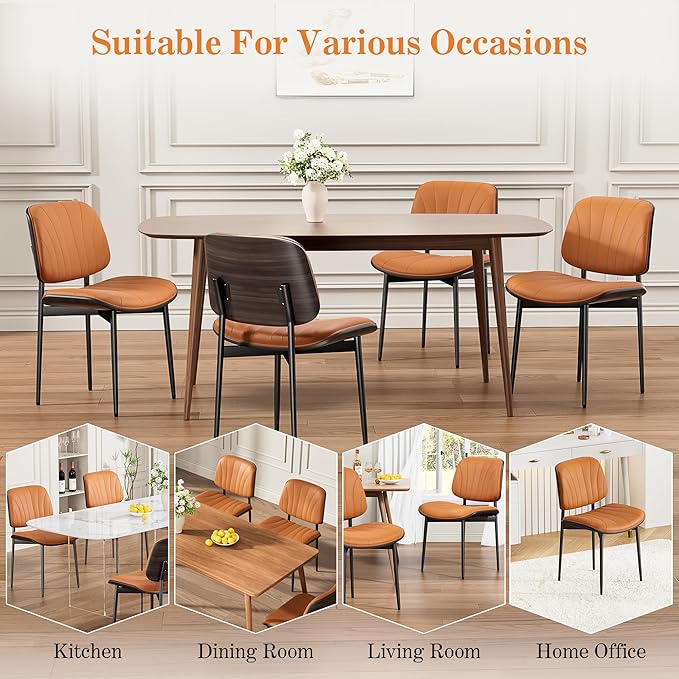 Dining Chairs Set of 4, Mid-Century Modern Upholstered PU Leather Chairs with Walnut Back and Metal Legs Adjustable Feet for Kitchen Dining Room, Orange Shell Strips