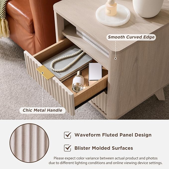 T4TREAM Fluted Nightstand Set of 2 with Charging Station, 18" Modern Side Table with 2 Drawer, End Table w/Storage, Bedside for Bedroom, Living Room, Curved Profile Design, White Alder