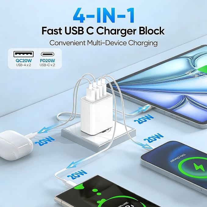 2 Pack USB C Charger Block 60W 4-Port GaN5 Super Fast Phone Charger Type C Charging Block PD 20W &amp QC 20W with 6.6FT USB C Cables for iPhone 17 Air/17/16/15 Pro Max Samsung Galaxy S24