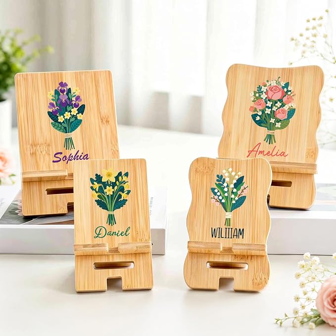 CALLIE Personalized Wooden Phone Holder for Women | Custom Name Phone Dock with Birth Flower | Rectangular and Wavy Form Options | Birthday Gift for Mom Family Friend